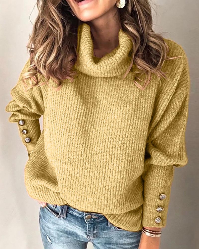 

High Neck Lantern Sleeve Buttoned Sweater, Yellow