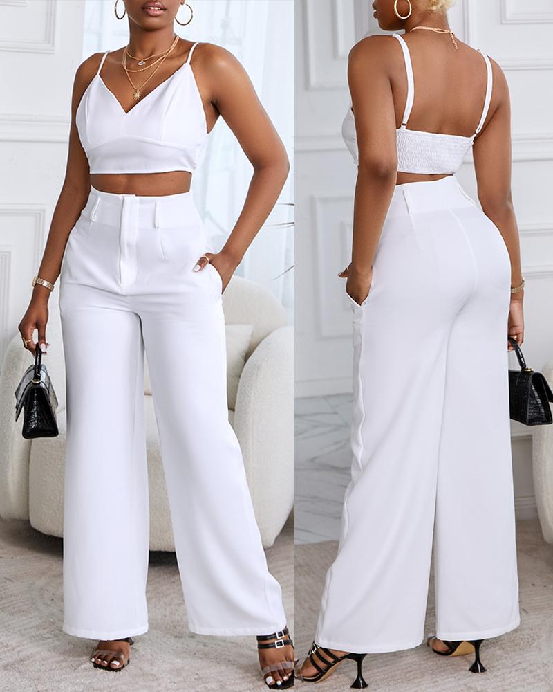 

Spaghetti Strap Crop Top & Wide Leg Pants Set, White