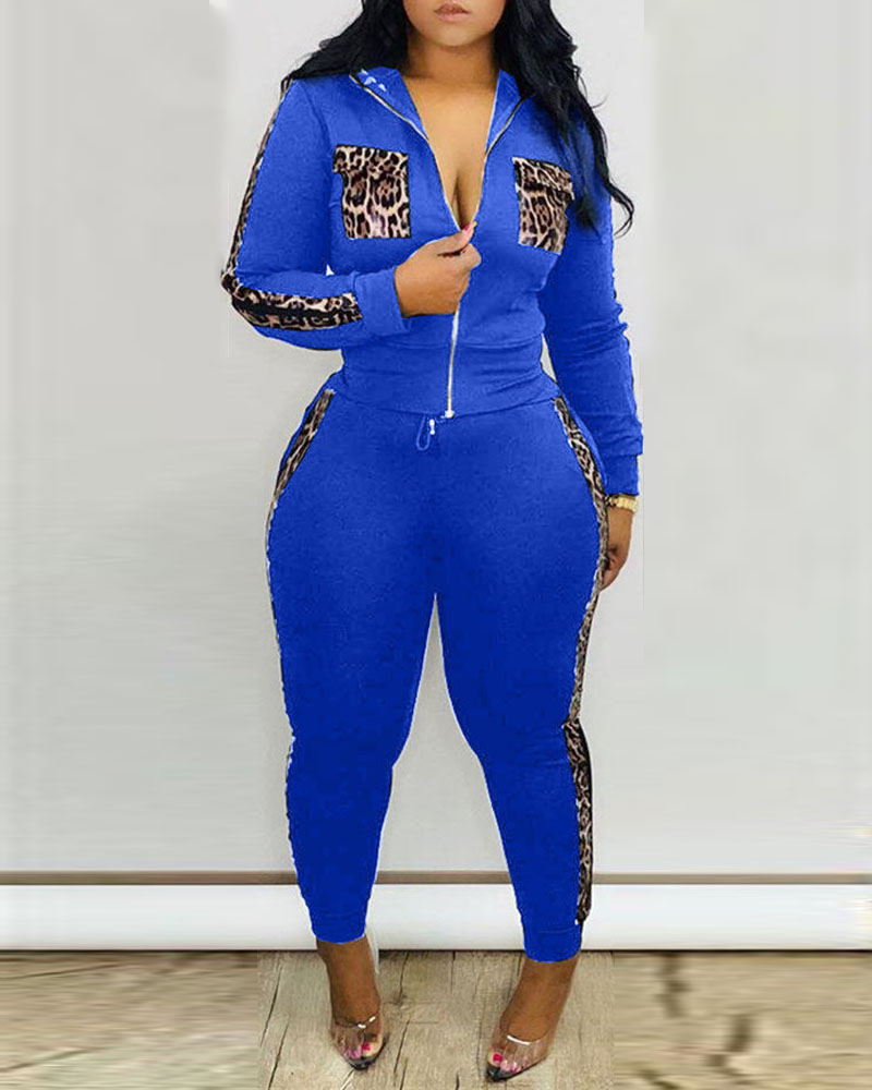 

Leopard Patch Zip Up Top & Drawstring Pants Set, Blue