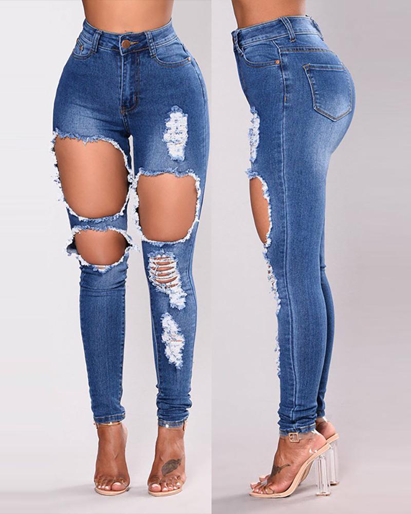 

High Waist Pocket Design Ripped Cutout Fringe Hem Jeans, Blue