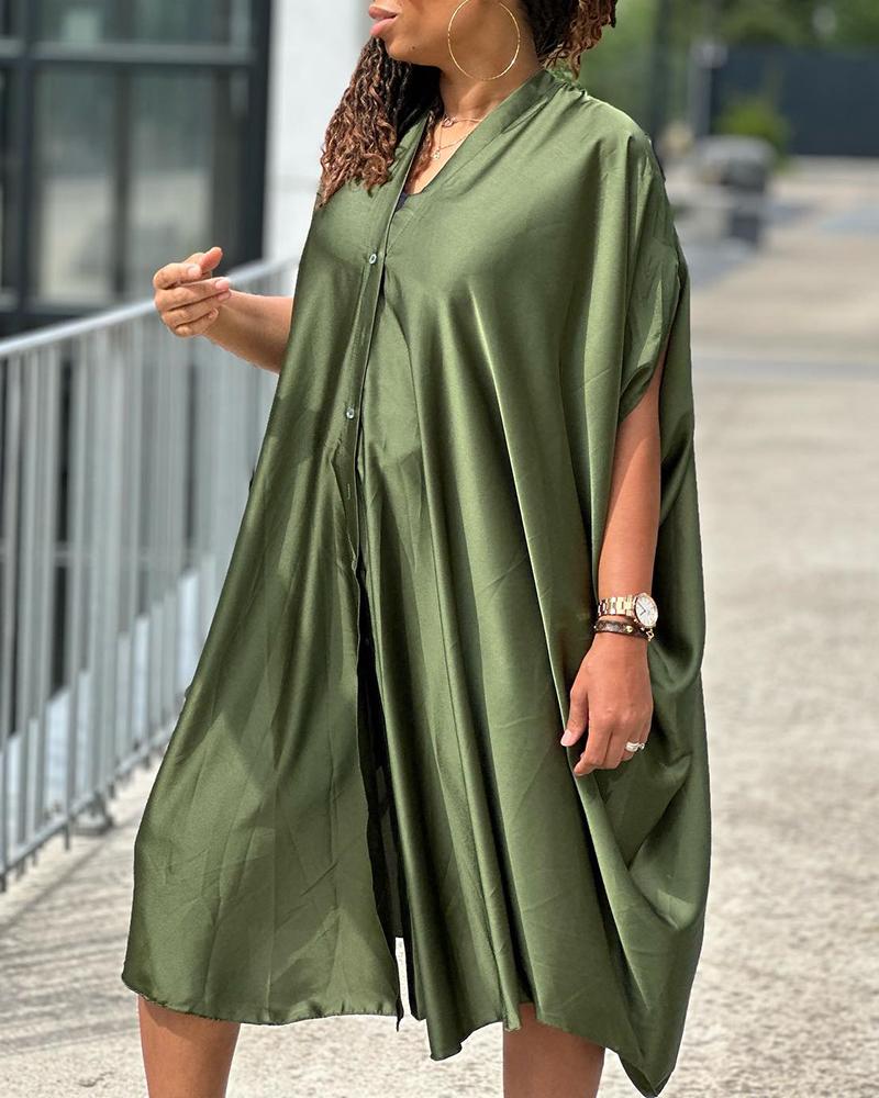 

Buttoned Half Sleeve Casual Shirt Dress, Dark green