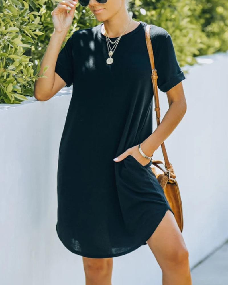 

Pocket Detail Curved Hem Casual Dress, Black