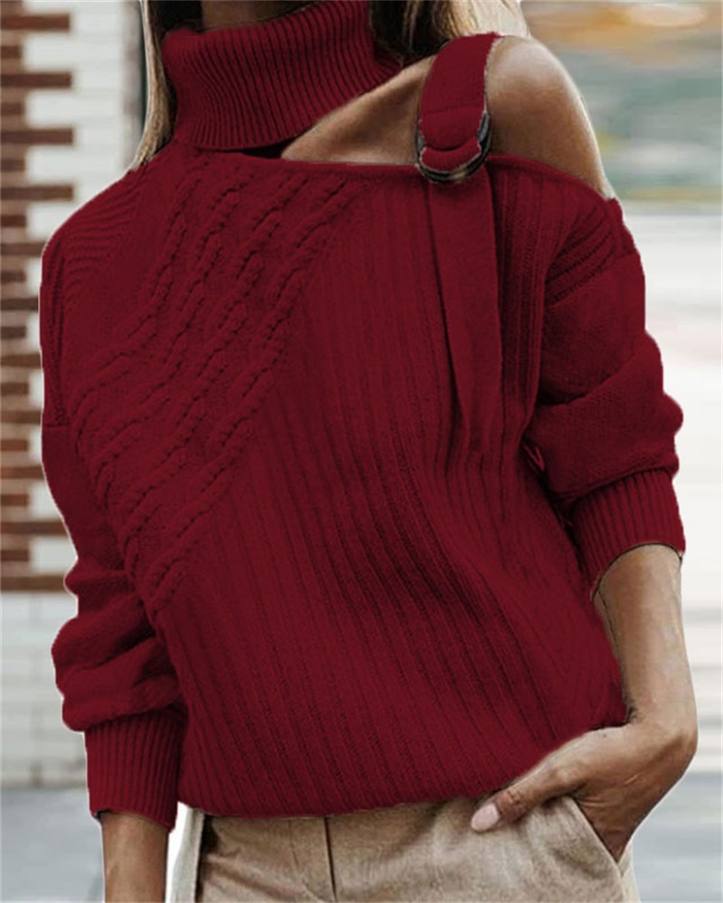 

Plus Size O-Ring Cold Shoulder Cable Knit Sweater, Red