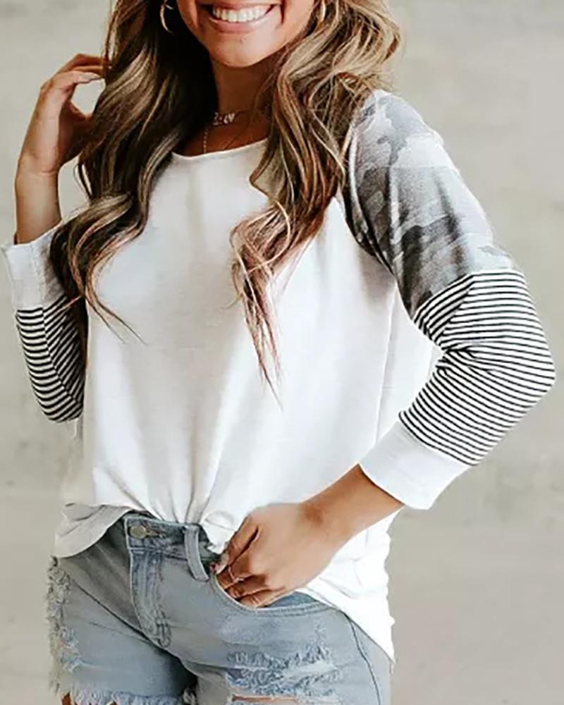 

Long Sleeve Camouflage Striped Print Top, White