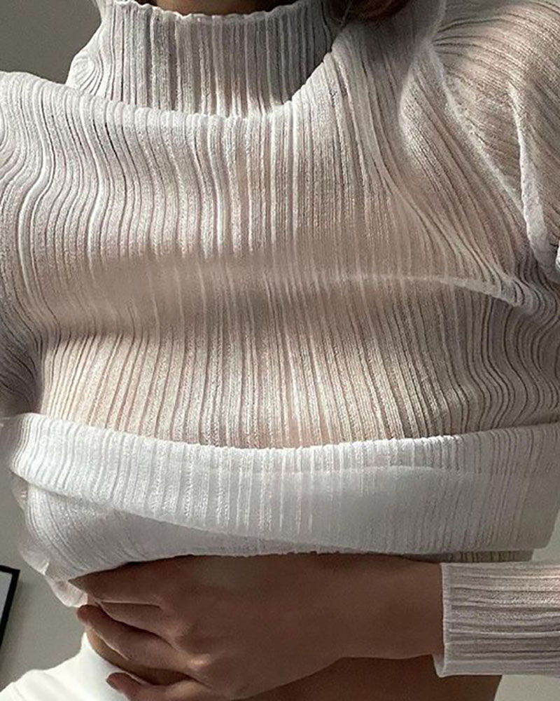 

Sheer Mesh Mock Neck Frill Hem Top, White