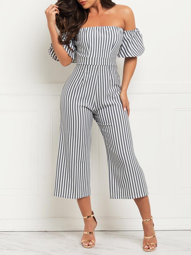 

Striped Flared Sleeve Bardot Wide Leg Jumpsuit, Gray