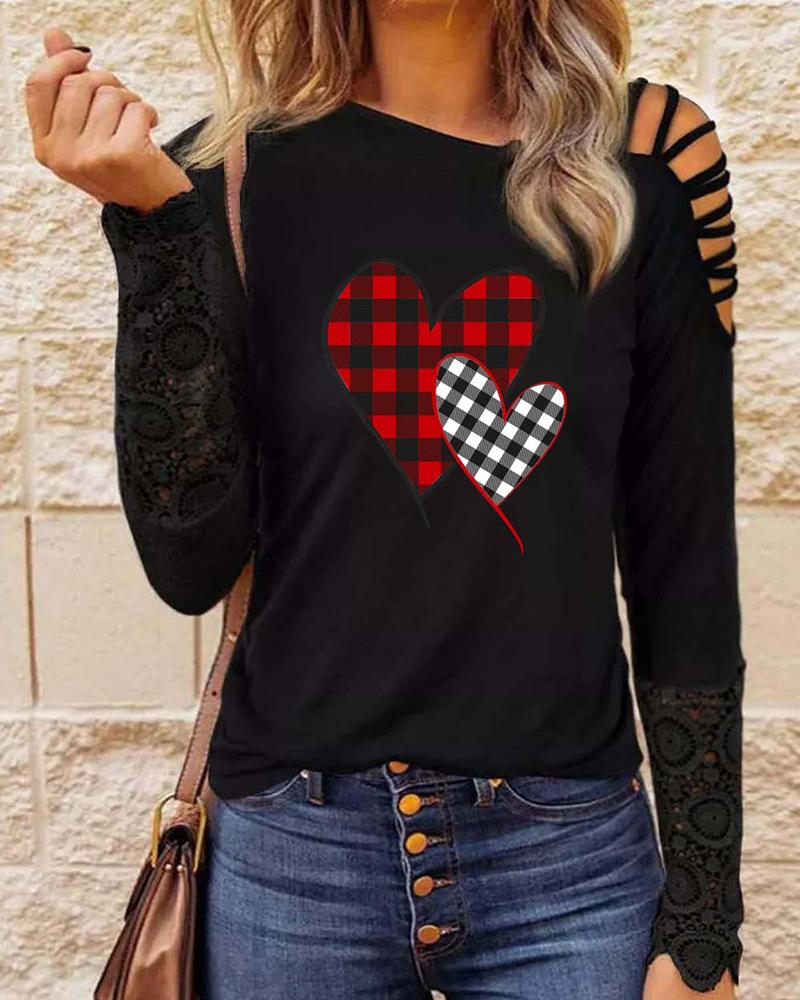 

Valentine' Day Plaid Heart Print Cold Shoulder Top, Black
