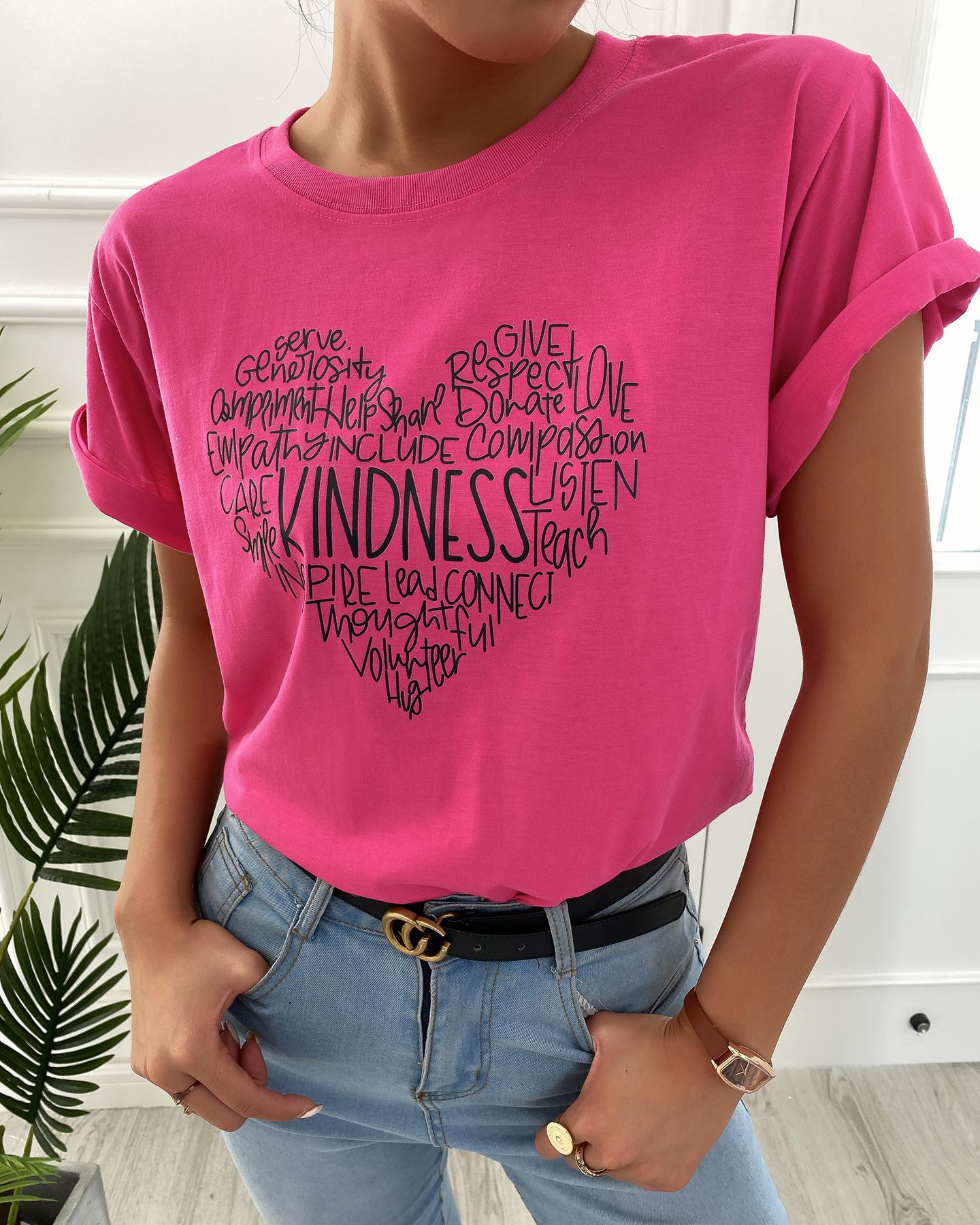 

Heart Letter Print Short Sleeve T-shirt, Hot pink