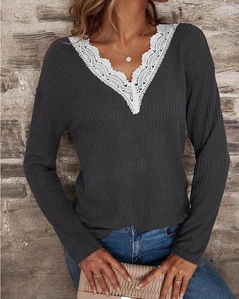 

Contrast Lace V-Neck Long Sleeve Casual Top, Dark grey