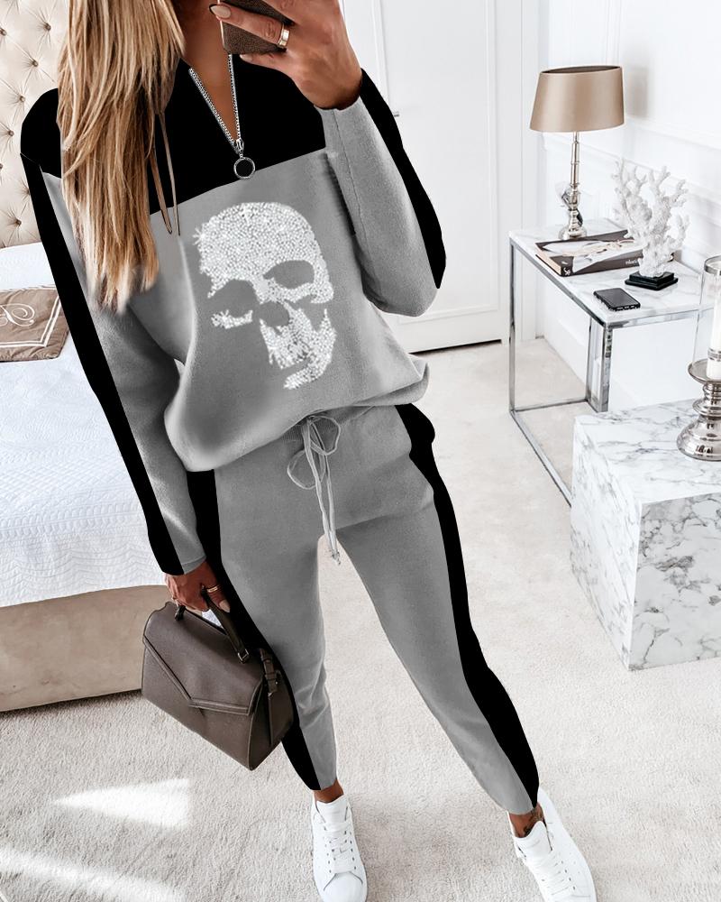 

Skull Print Studded Colorblock Top & Drawstring Waist Pants Set, Gray