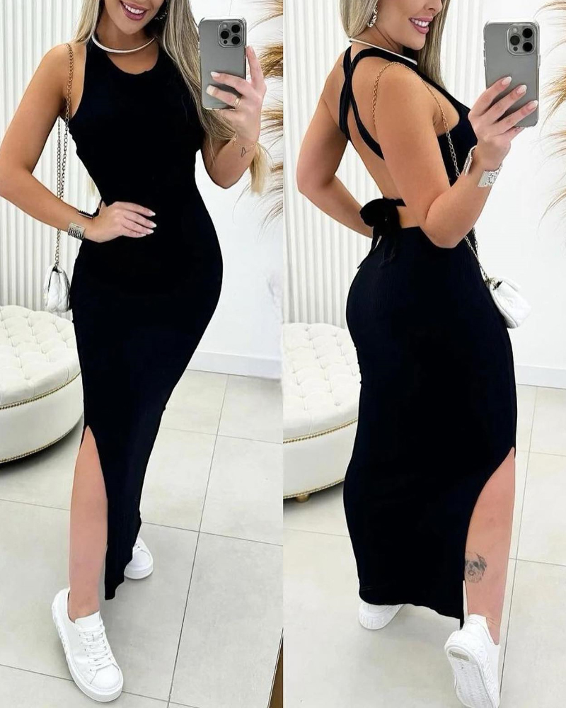 

Sleeveless Crisscross Backless Slim Bodycon Dress Tied Detail Slit Ribbed Knit Tank Dress, Black