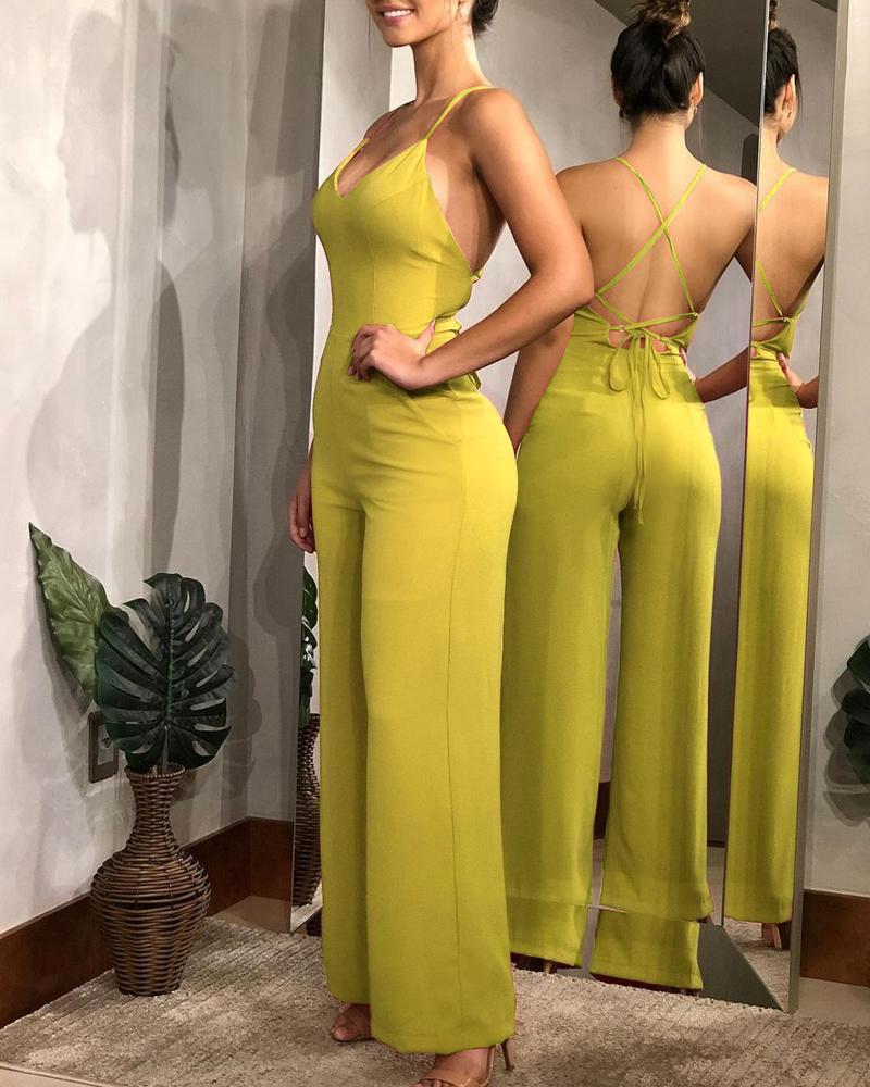 

Women Plain Halter Backless Wide Leg Jumpsuit V Neck Jumpsuit, Yellow