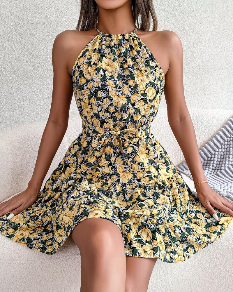 

Floral Print Tied Detail Design Dress, Yellow