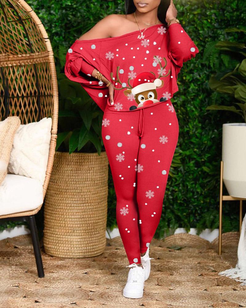 

Christmas Snowflake Elk Print Long Sleeve Top & Pants Set, Red