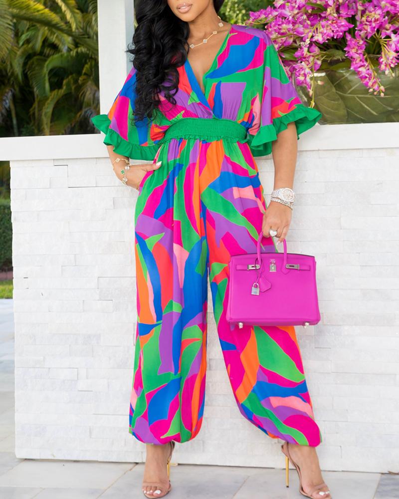 

Abstract Print Bell Sleeve Cuffed Jumpsuit, Multicolor