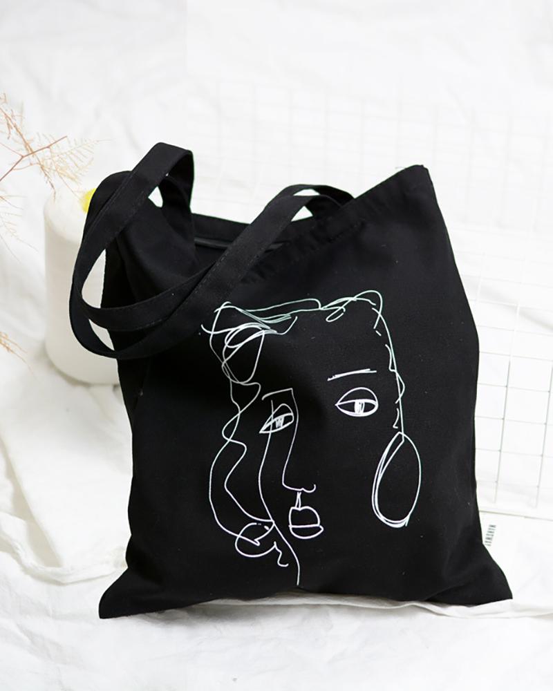 

Figure Print Tote Canvas Bag, Black