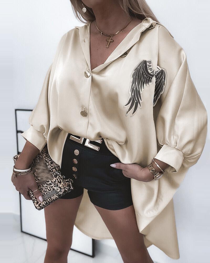 

Wings Letter Pattern Satin Dip Hem Shirt, Apricot
