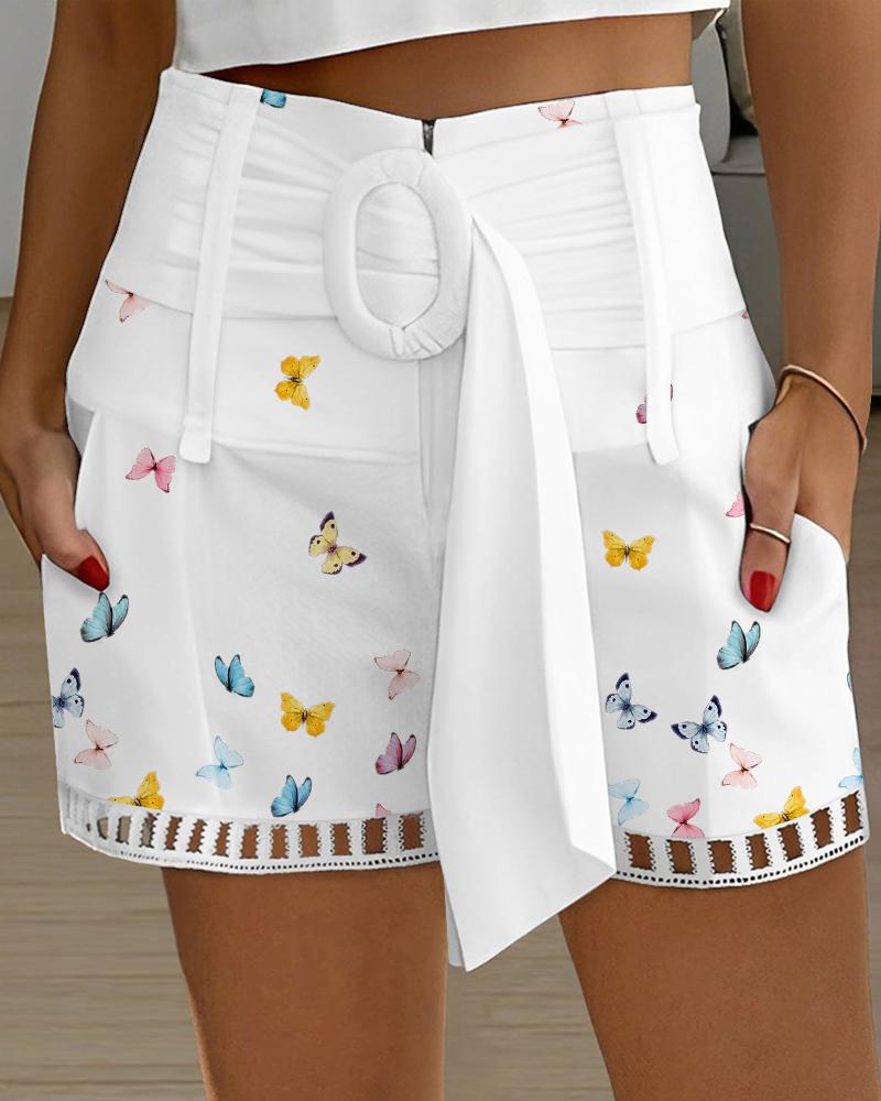 

Butterfly Print Hollow Out Shorts, White