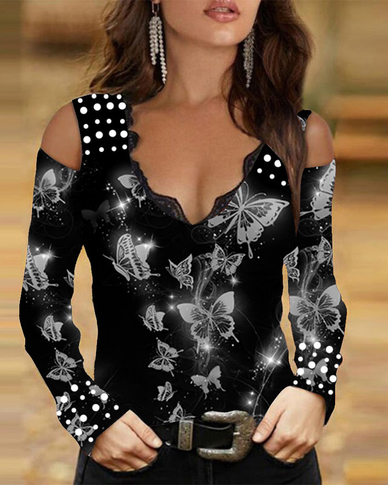 

Butterfly Print Lace Trim Cold Shoulder Top, Black