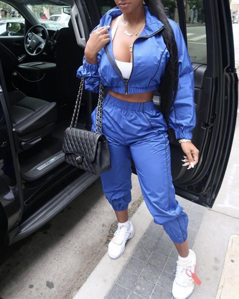 

Colorblock Zipper Design Long Sleeve Crop Top & Pants Set, Blue