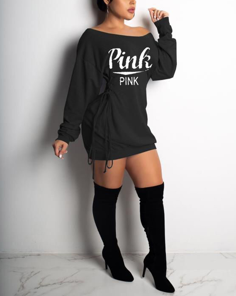 

Letter Print Lace-Up Long Sleeve Sweatshirt Dress, Black