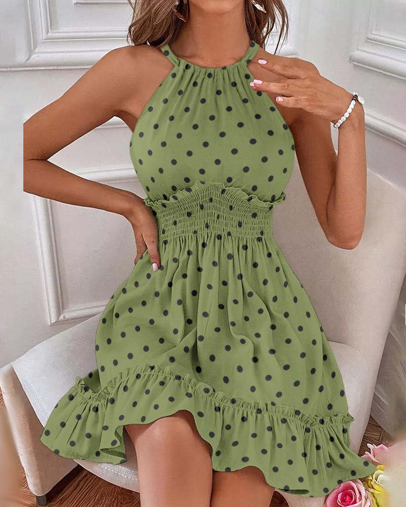 

Polka Dot Print Shirred Ruffles Halter Casual Dress, Green