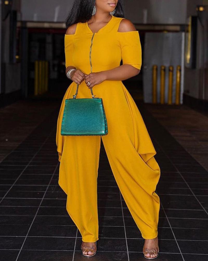 

Cold Shoulder Zipper Front Ruched Harem Jumpsuit, Yellow