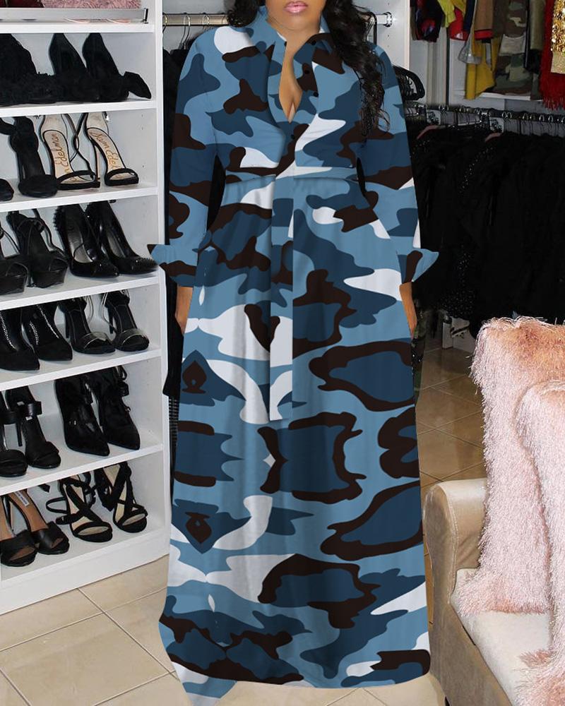 

Camouflage Print Button Design Maxi Dress, Blue
