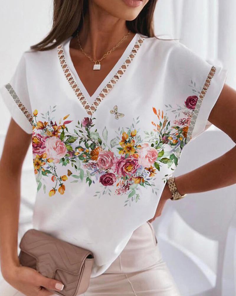 

Floral Print Lace Patch Casual T-shirt, White