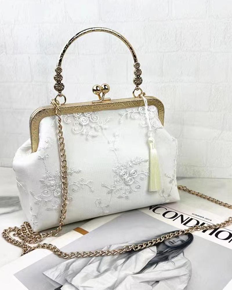 

Floral Embroidery Top Handle Tassel Vintage Bag, Beige