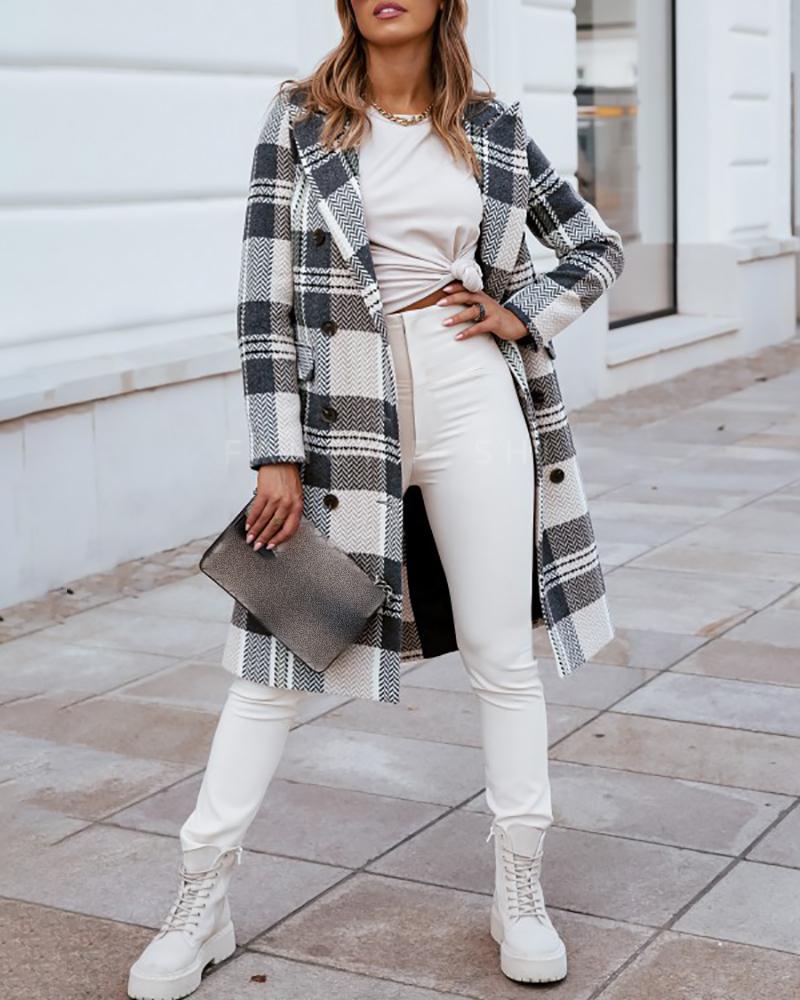 

Plaid Print Long Sleeve Buttoned Pea Coat, Gray