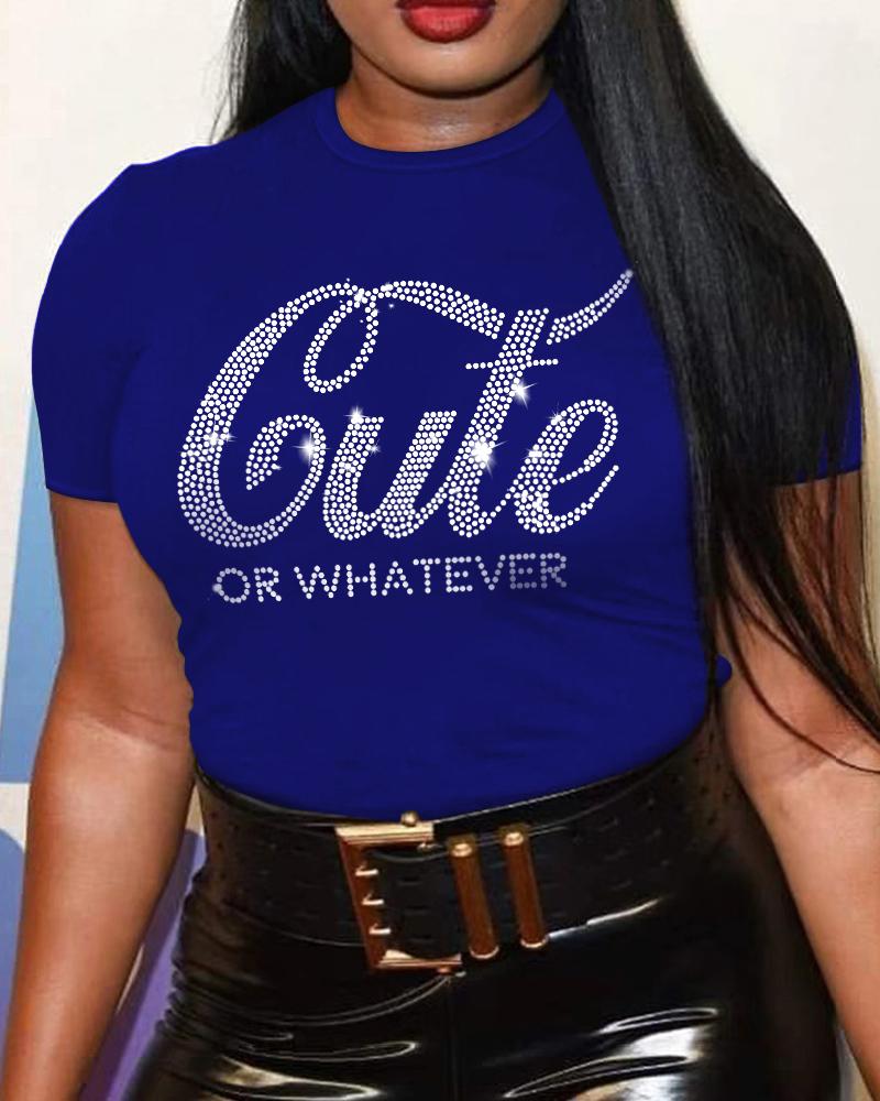 

Plus Size Cute Or Whatever Rhinestone Casual T-shirt, Blue