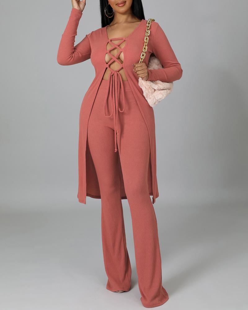 

Ribbed Lace-up Top & High Waist Bootcut Pants Set, Pink