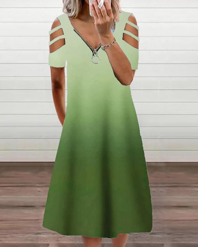 

Ombre Zip Front Cold Shoulder Casual Dress, Green