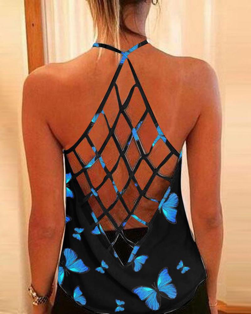 

Cutout Backless Halter Butterfly Print Top, Dark blue