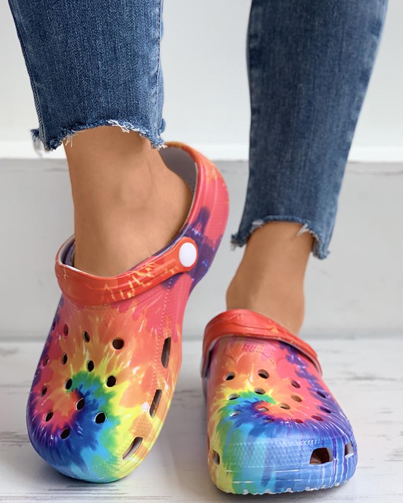 

Tie Dye Print Colorblock Hollow Out Flat Sandals, Multicolor