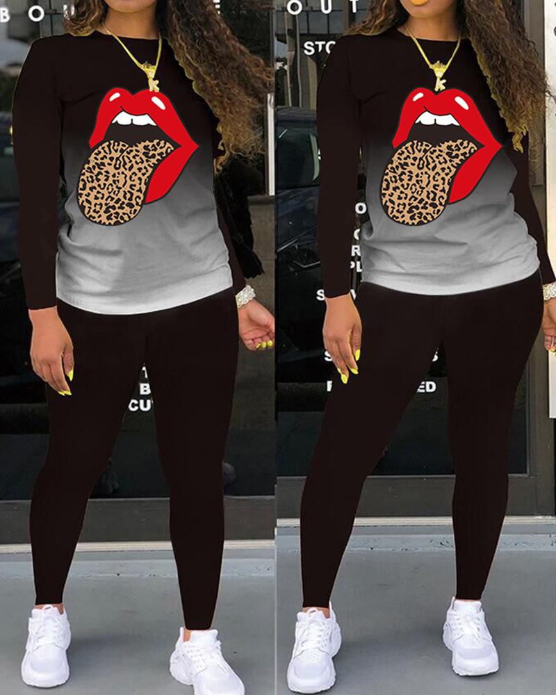 

Lip Leopard Print Long Sleeve Top & Pants Set, Black