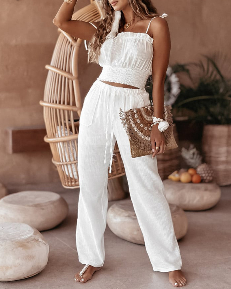 

Frill Hem Shirred Cami Top & Drawstring Pants Set, White