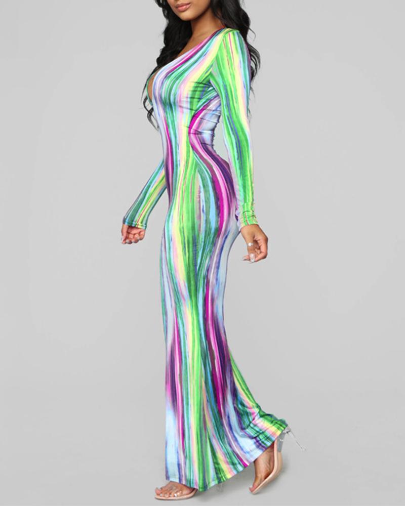 

Rainbow Stripe Deep V-Neck Skinny Maxi Dress, Green