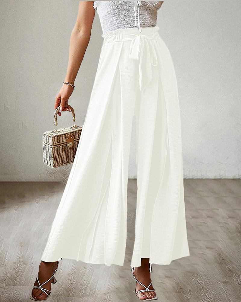 

Tie Front Pleated Design Wide Leg Pants, White