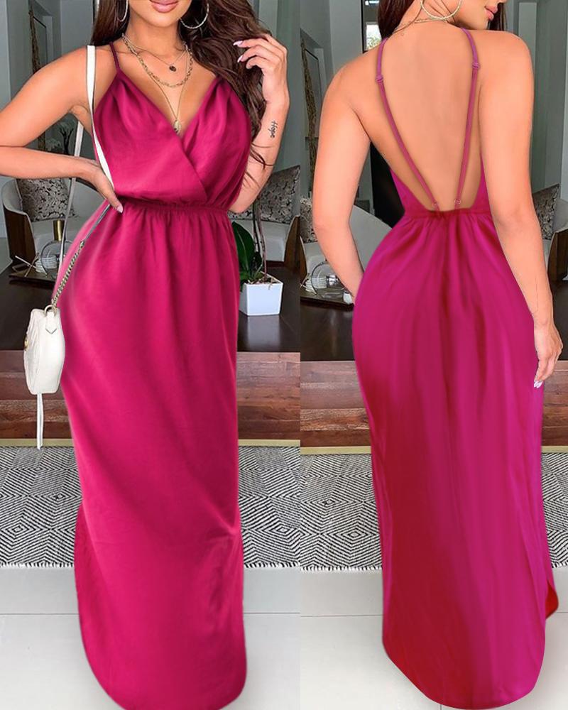 

Solid Strap Sleeveless Loose Midi Dress, Hot pink