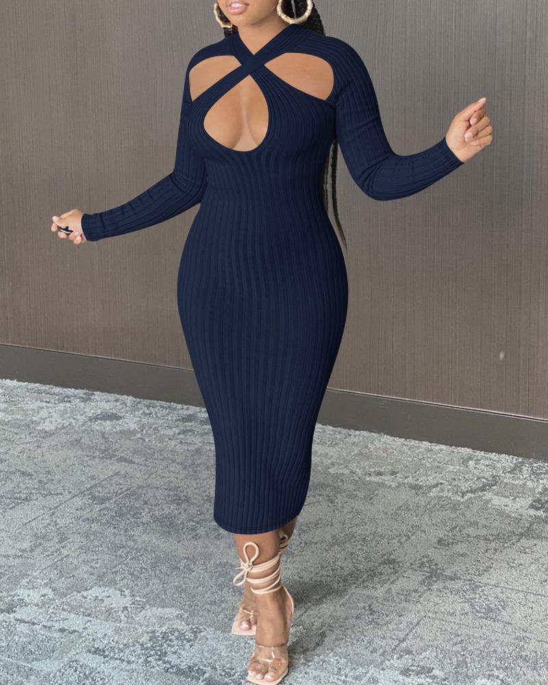 

Ribbed Cut Out Long Sleeve Skinny Dress, Purplish blue