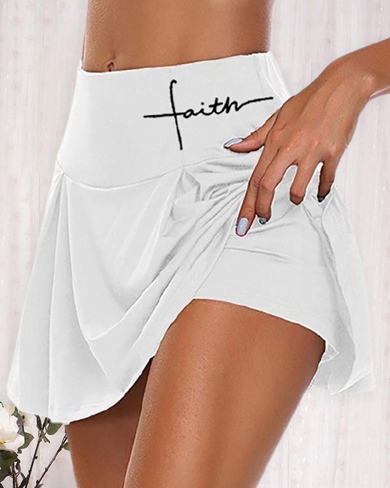 

Butt Lifting Letter Pattern Print High Waist Skorts, White