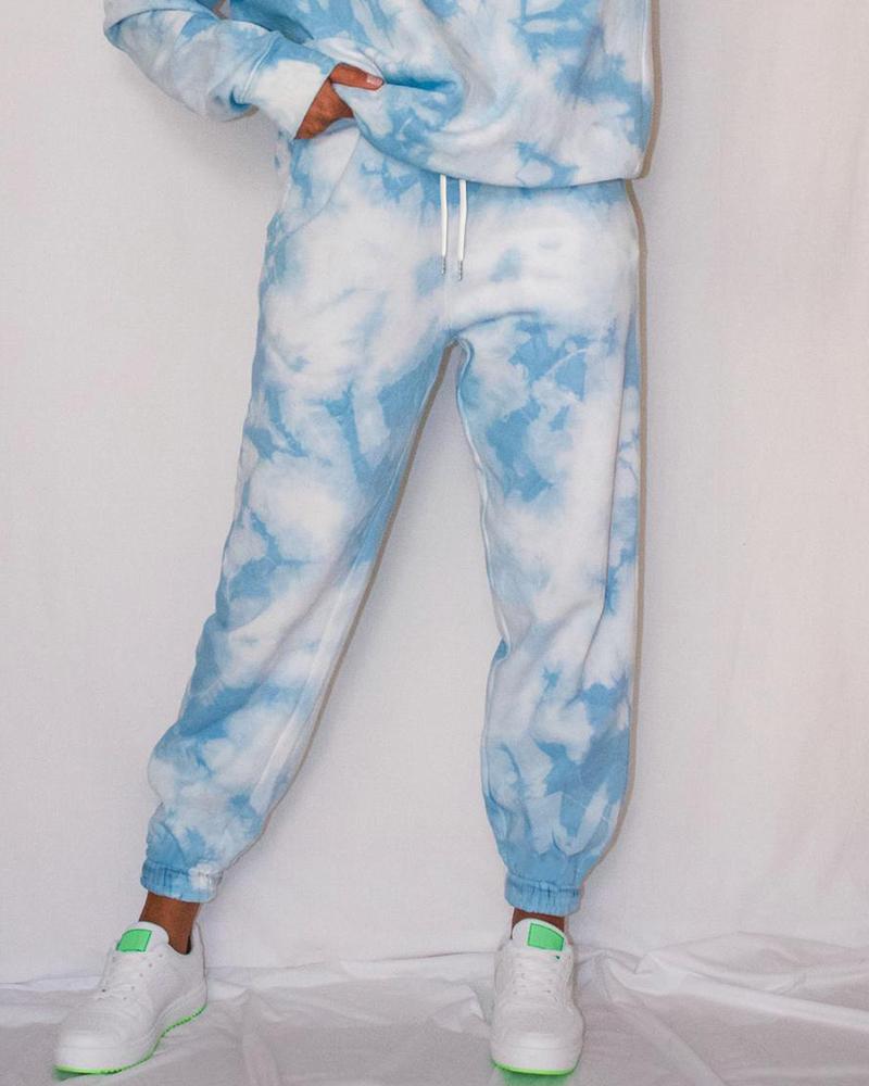 

Tie Dye Print Drawstring Pocket Design Pants, Blue