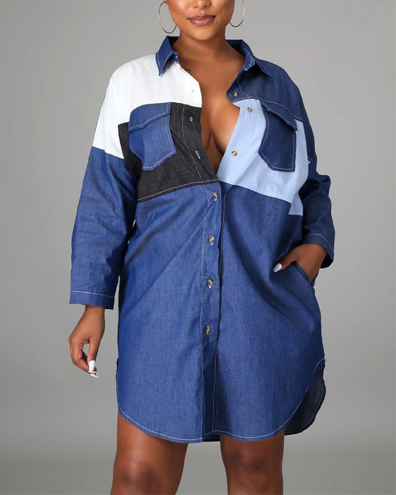 

Color Block Flap Detail Button Through Longline Denim Shirt, Blue