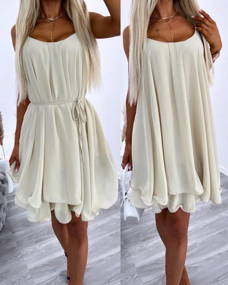 

Scoop Neck Layered Ruffles Dress, Beige
