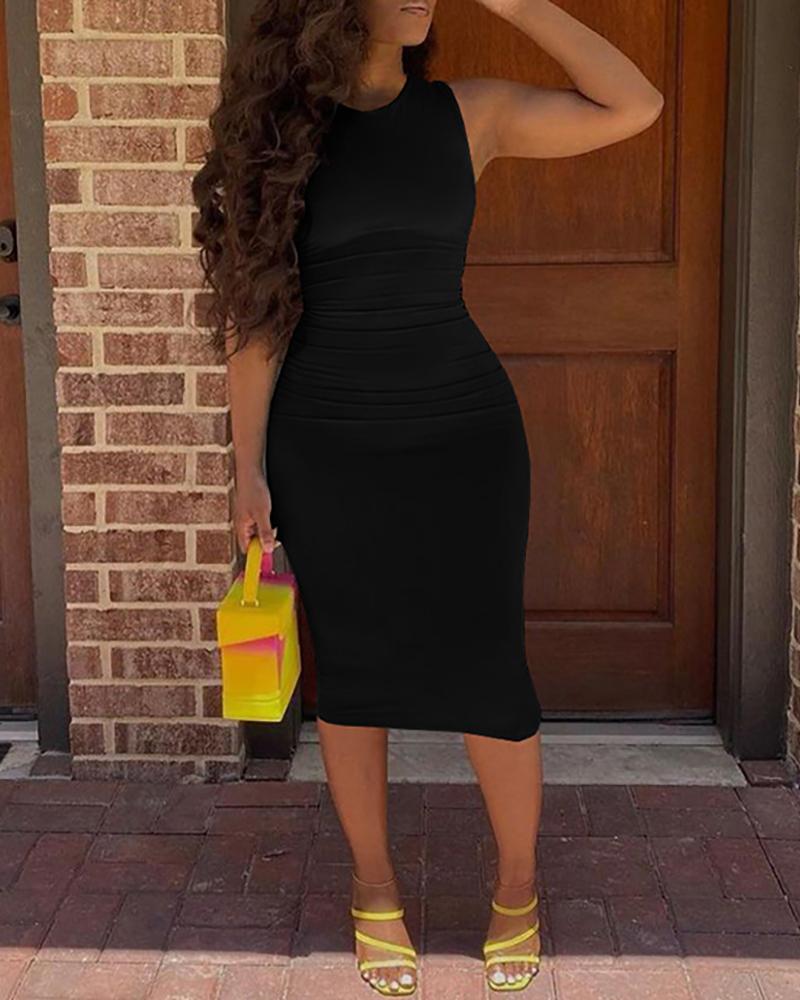 

Sleeveless Plain O Neck Midi Dress, Black