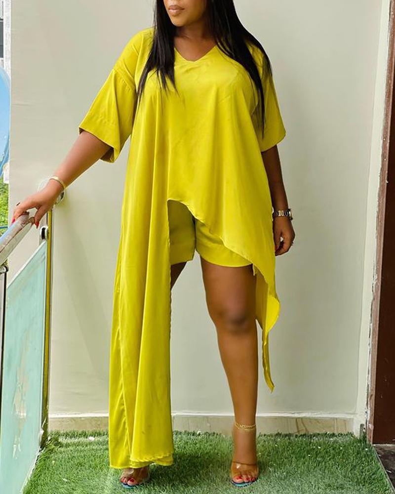 

Asymmetrical Hem Casual Top & Shorts Set, Yellow
