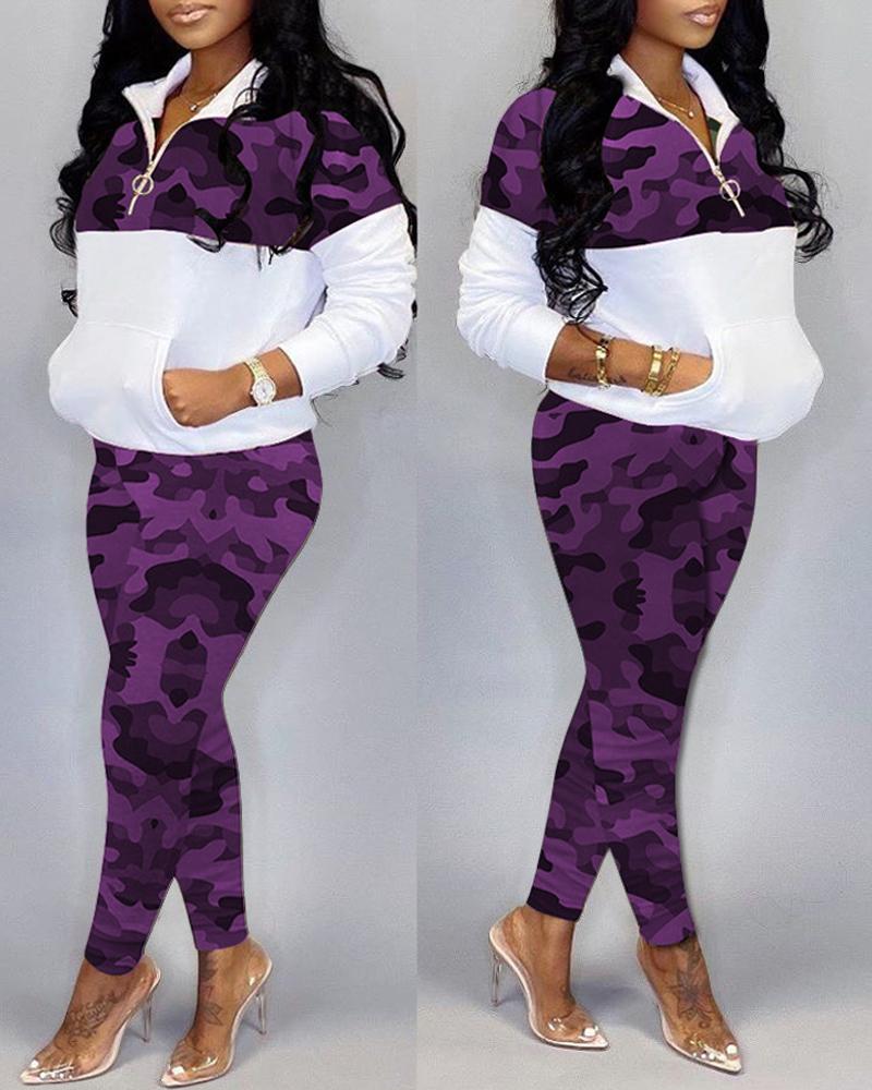 

Camo Print Pocket Detail Zipper Front Top & Pants Set, Purple