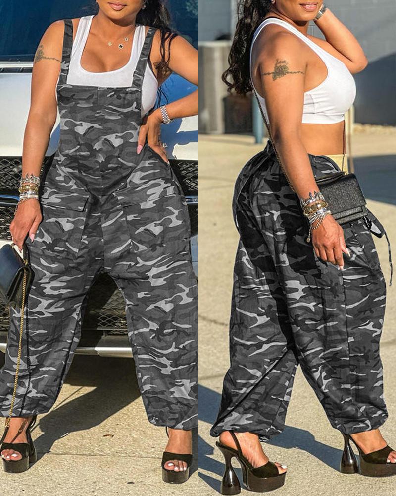 

Camouflage Print Pocket Design Suspender Jumpsuit, Gray